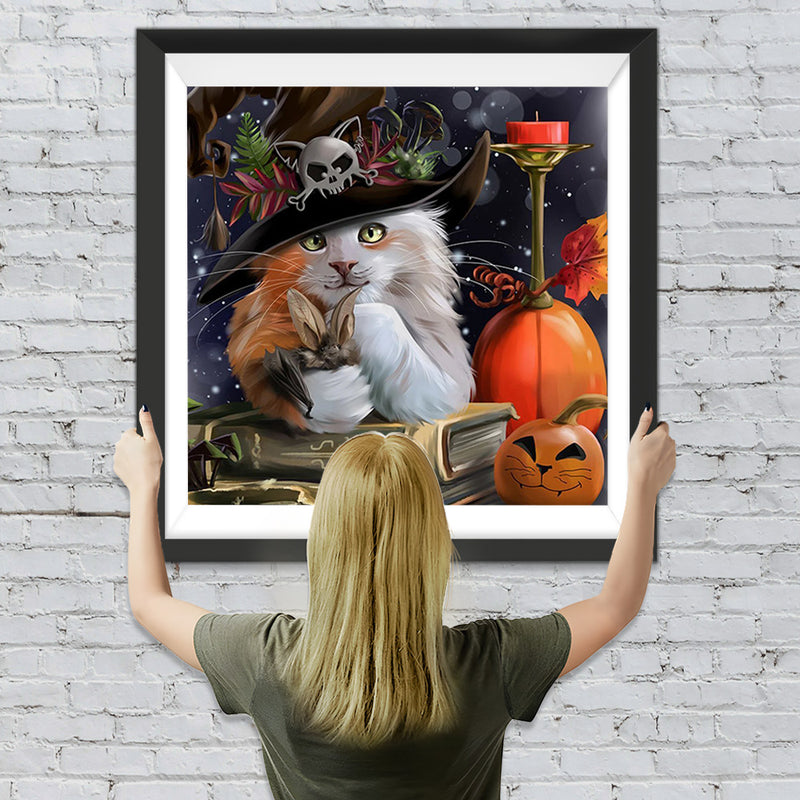 Weißkatze und Zauberbuch an Halloween Diamond Painting