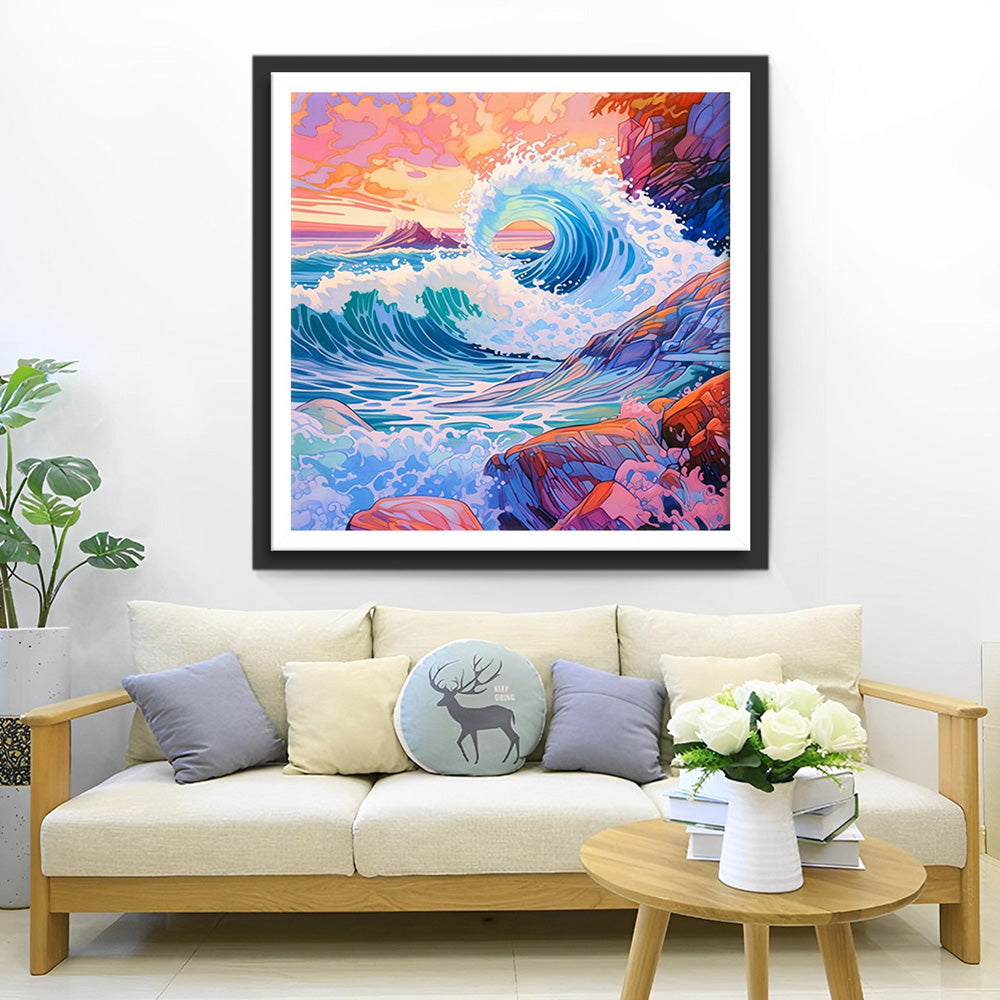 Wellen, die auf die Felsen treffen Diamond Painting