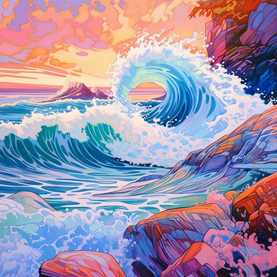 Wellen, die auf die Felsen treffen Diamond Painting