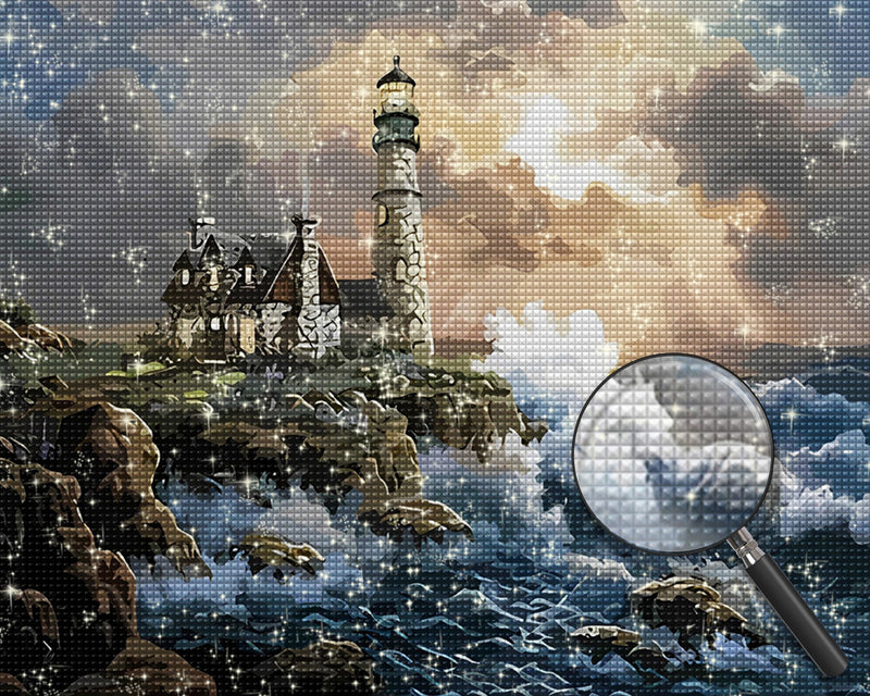 Wellen und Leuchtturm Diamond Painting