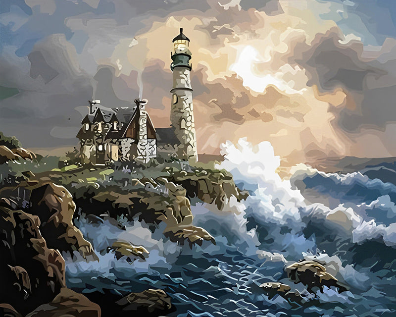 Wellen und Leuchtturm Diamond Painting