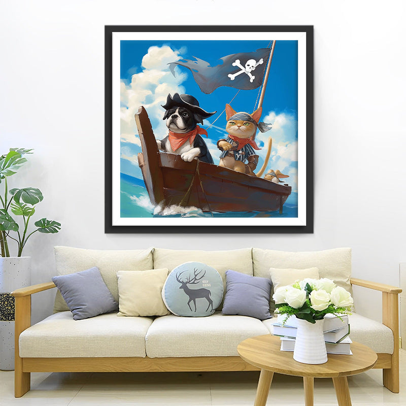 Welpe und Kätzchen auf dem Piratenschiff Diamond Painting