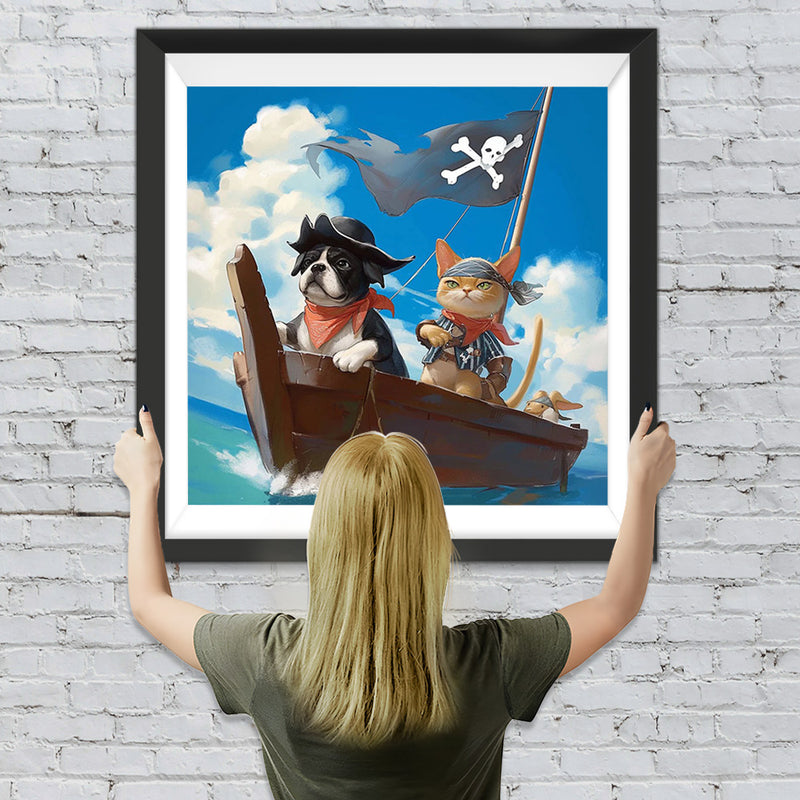 Welpe und Kätzchen auf dem Piratenschiff Diamond Painting