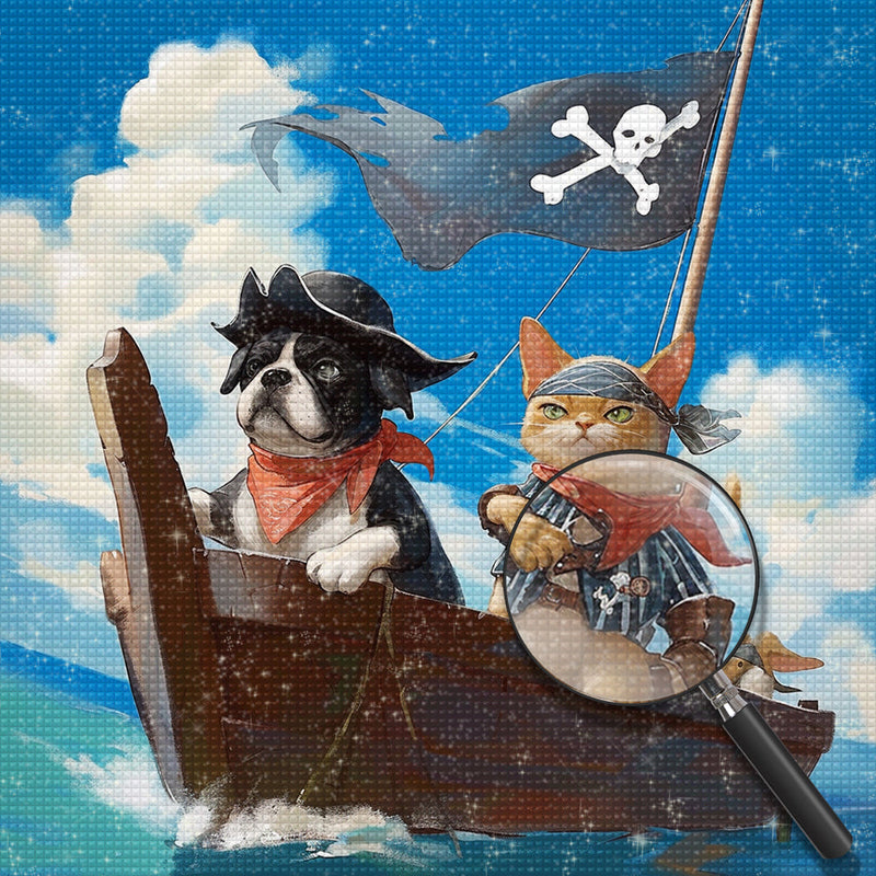 Welpe und Kätzchen auf dem Piratenschiff Diamond Painting