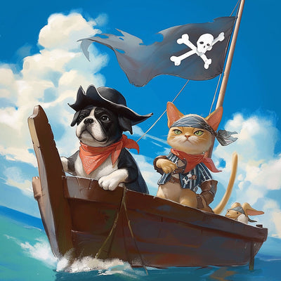 Welpe und Kätzchen auf dem Piratenschiff Diamond Painting