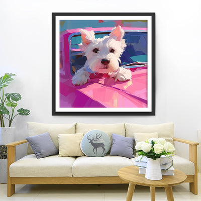 West Highland Terrier im Rosa Auto Diamond Painting