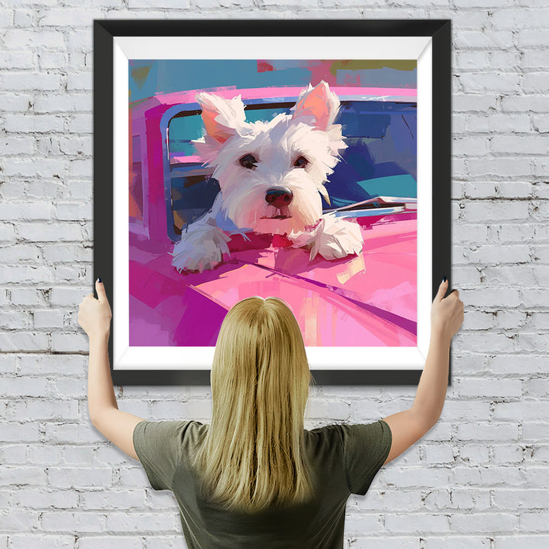 West Highland Terrier im Rosa Auto Diamond Painting