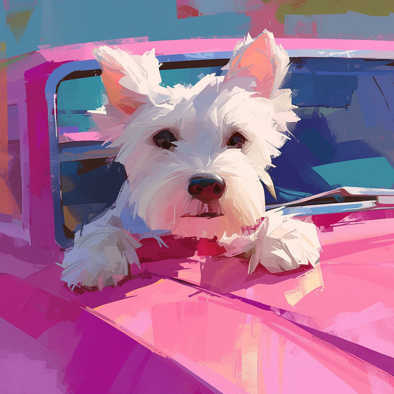 West Highland Terrier im Rosa Auto Diamond Painting