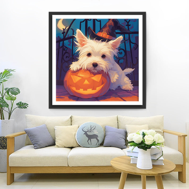 West Highland Terrier und Halloween Kürbis Diamond Painting