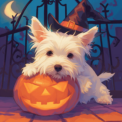 West Highland Terrier und Halloween Kürbis Diamond Painting