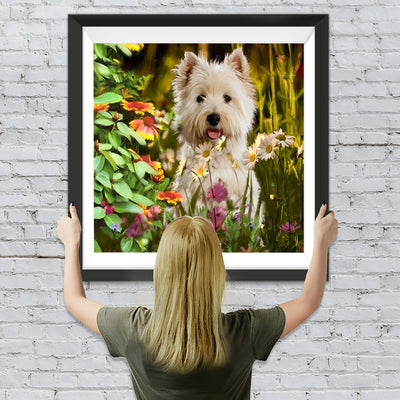 West Highland White Terrier in den Blumen Diamond Painting