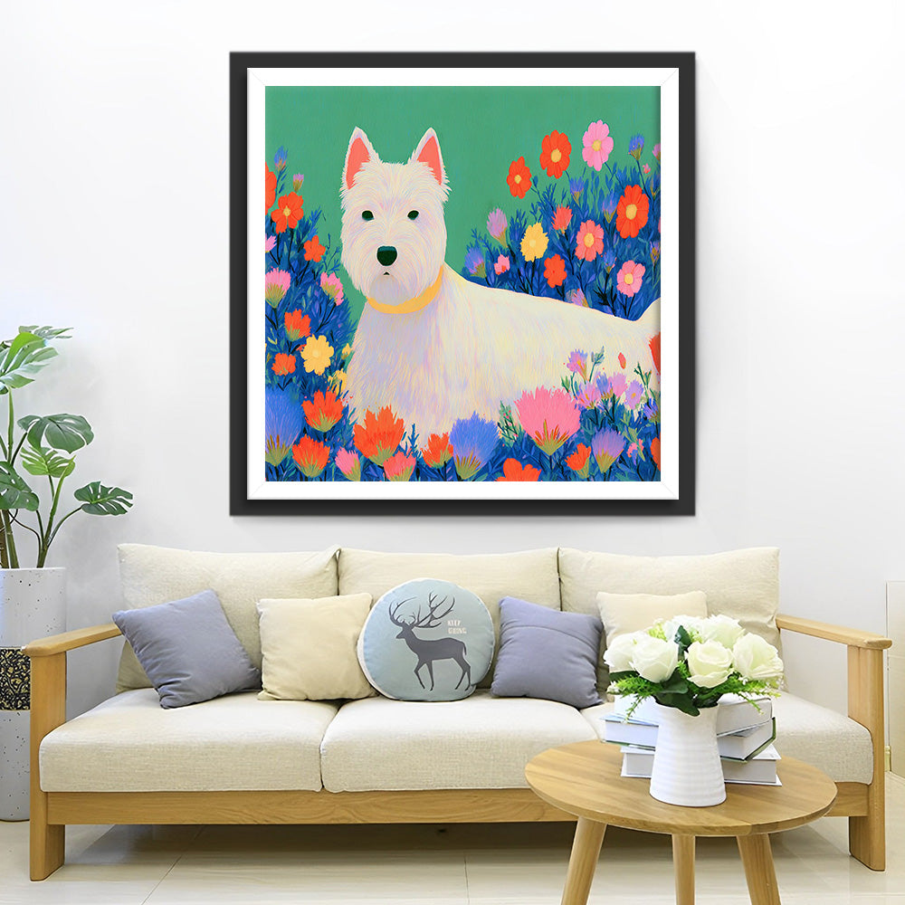 West Highland White Terrier zwischen Blumen Diamond Painting