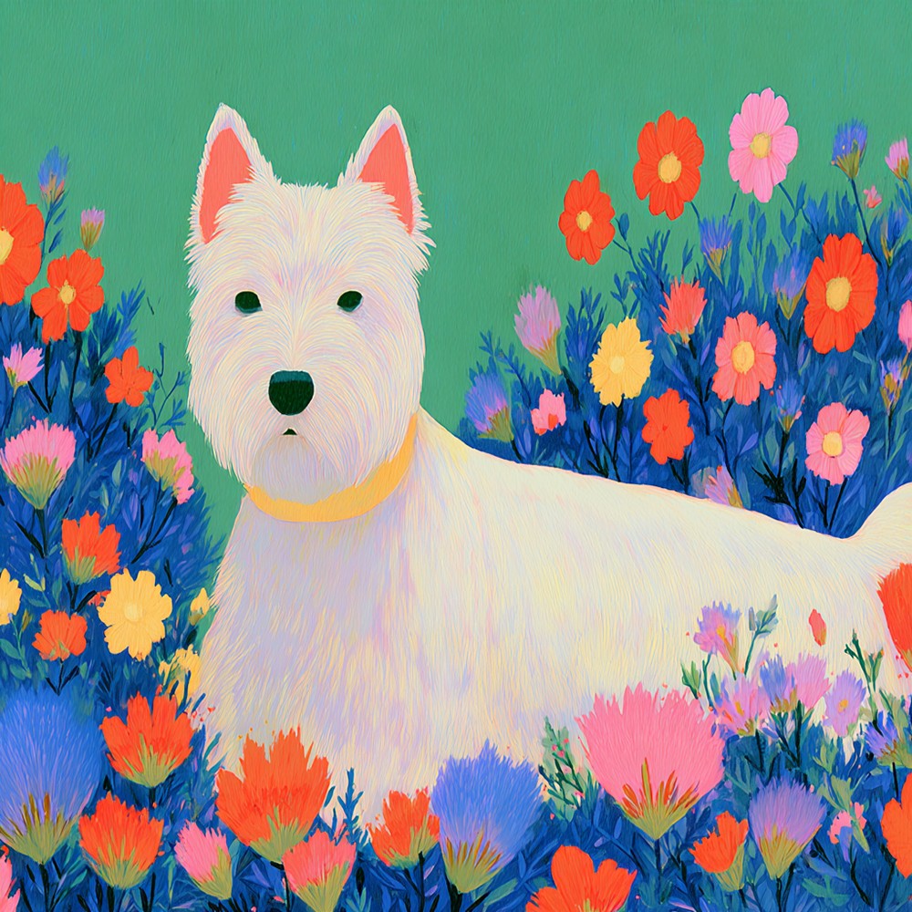 West Highland White Terrier zwischen Blumen Diamond Painting