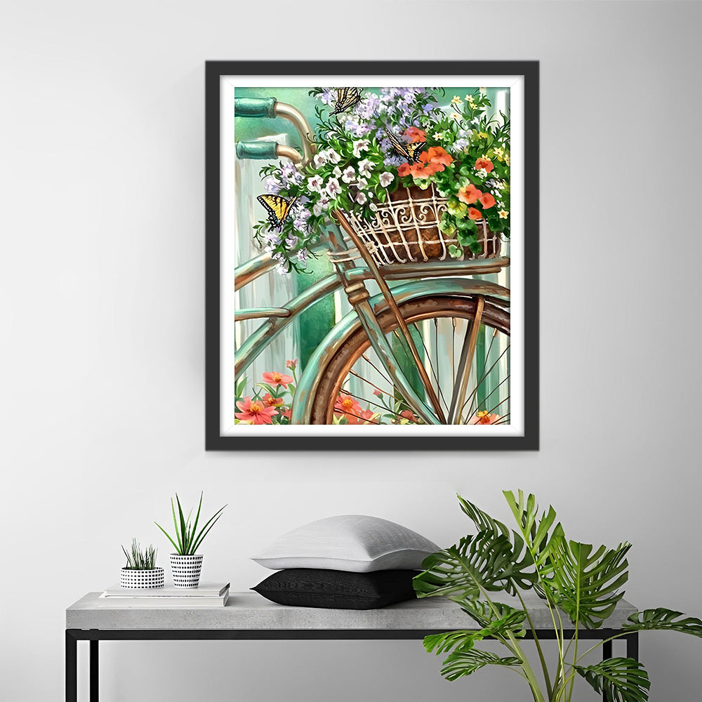 Wildblumen in grünem Fahrradkorb Diamond Painting