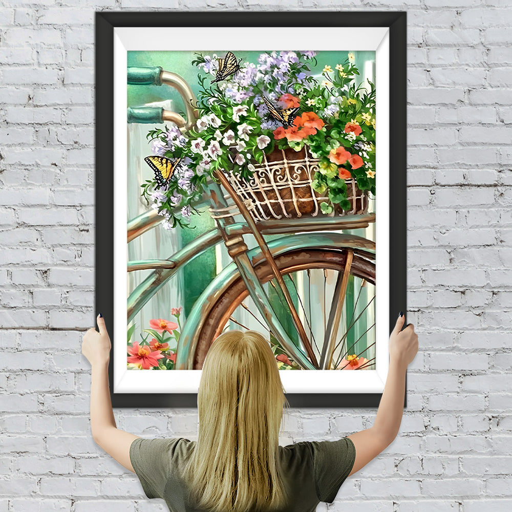 Wildblumen in grünem Fahrradkorb Diamond Painting