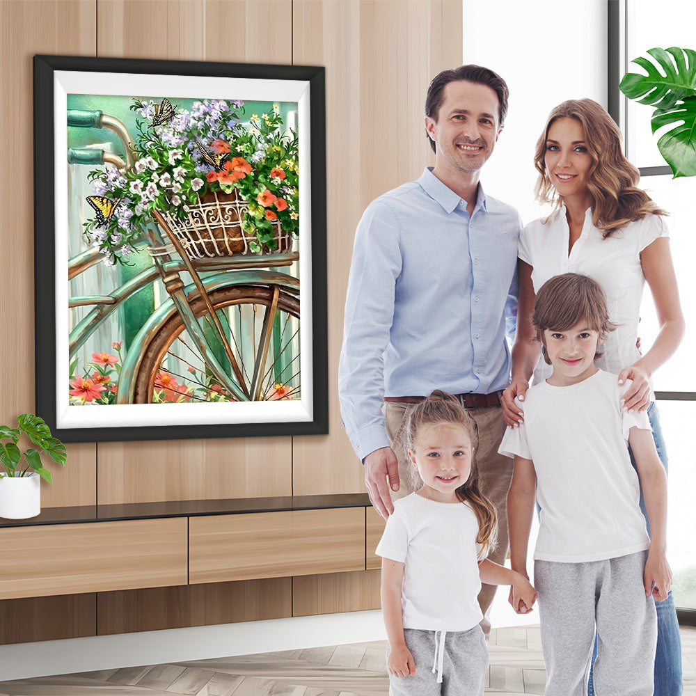 Wildblumen in grünem Fahrradkorb Diamond Painting