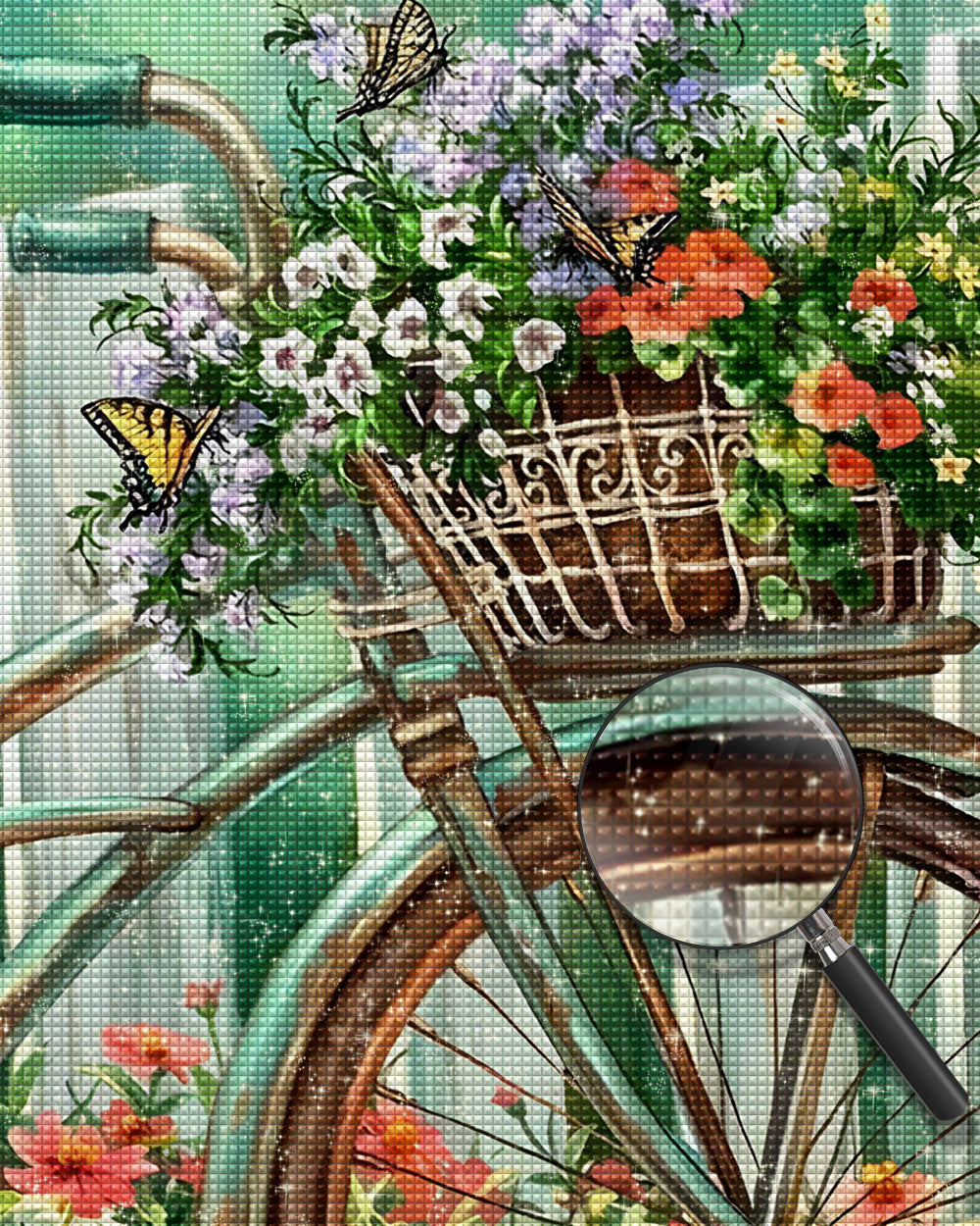 Wildblumen in grünem Fahrradkorb Diamond Painting