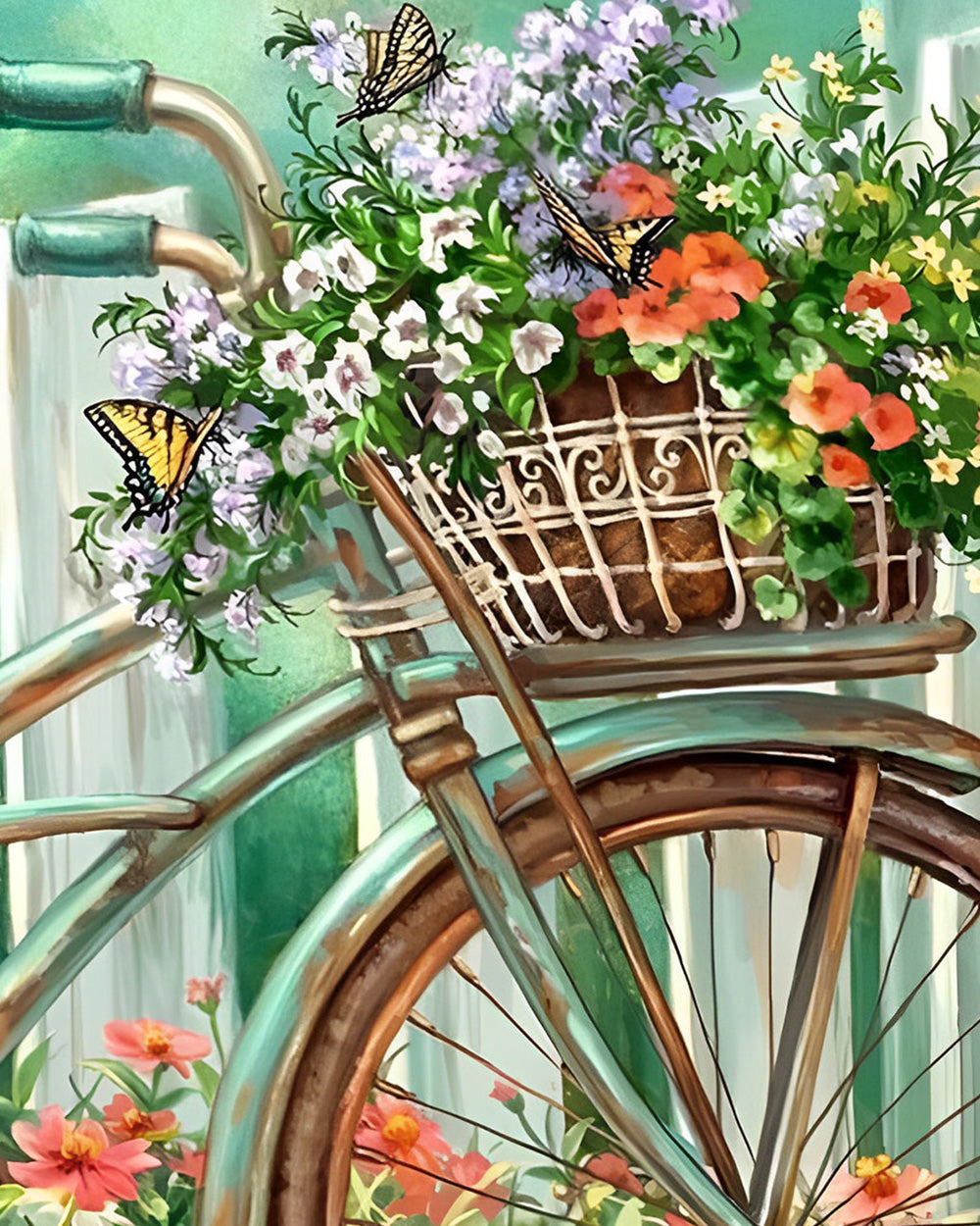 Wildblumen in grünem Fahrradkorb Diamond Painting