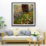 Wilde Blumen in der Ecke einer Backsteinmauer Diamond Painting