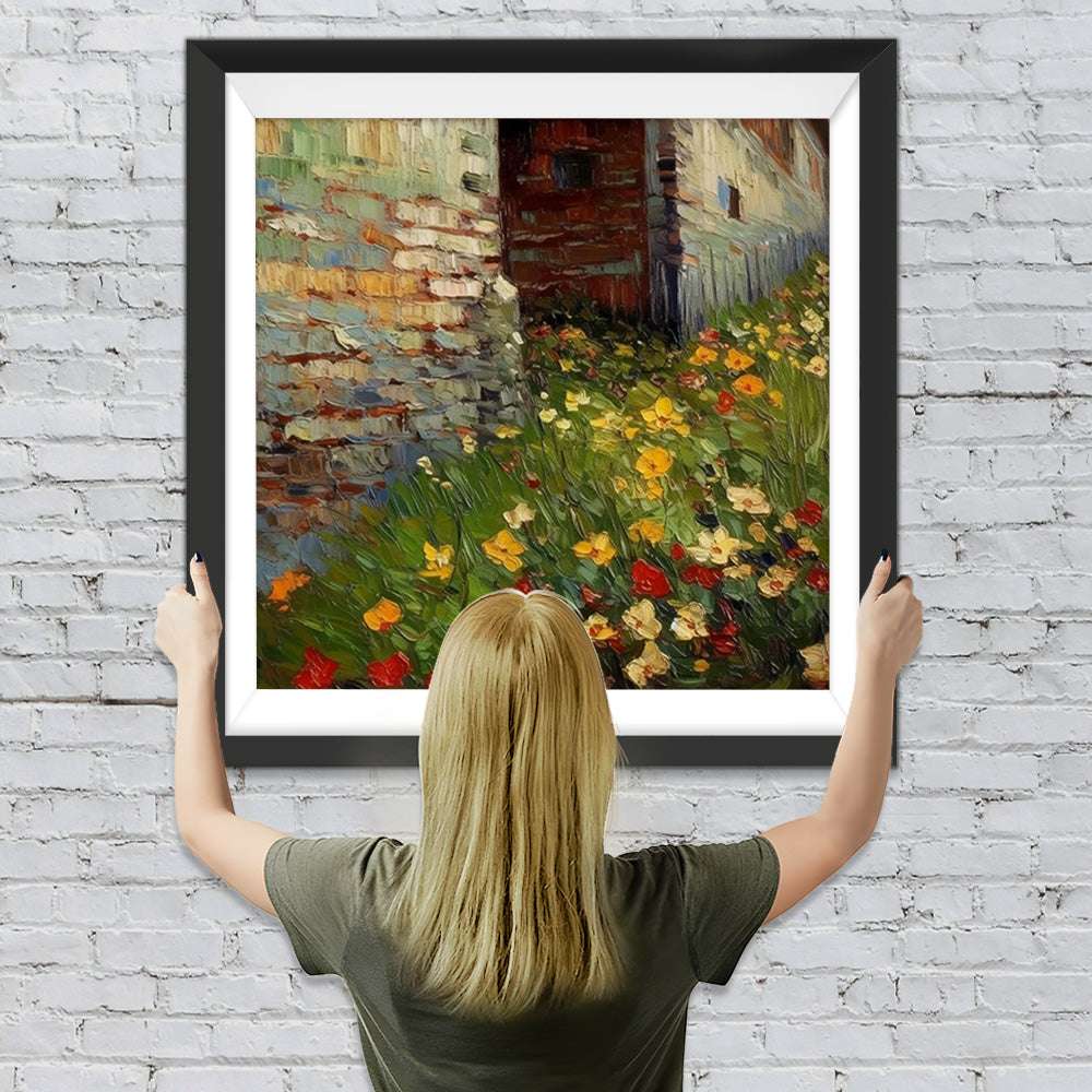 Wilde Blumen in der Ecke einer Backsteinmauer Diamond Painting