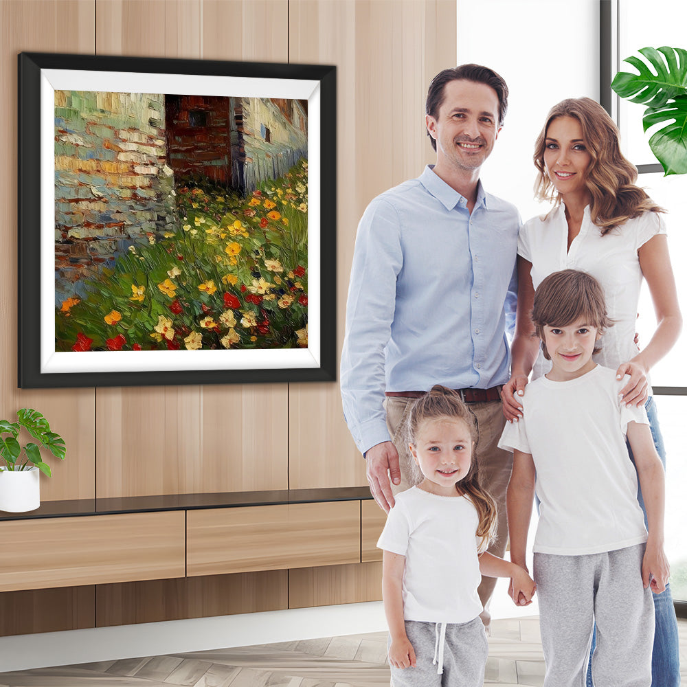 Wilde Blumen in der Ecke einer Backsteinmauer Diamond Painting