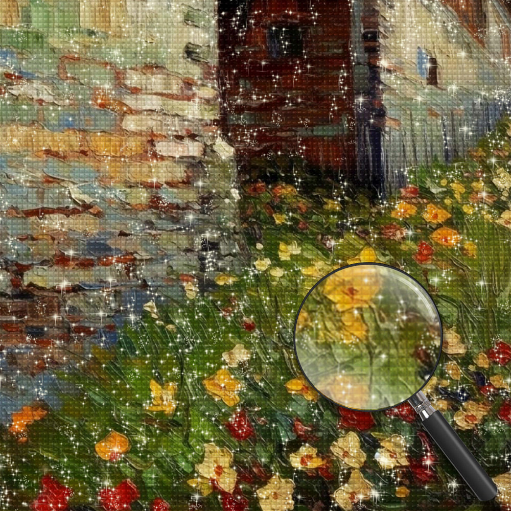 Wilde Blumen in der Ecke einer Backsteinmauer Diamond Painting