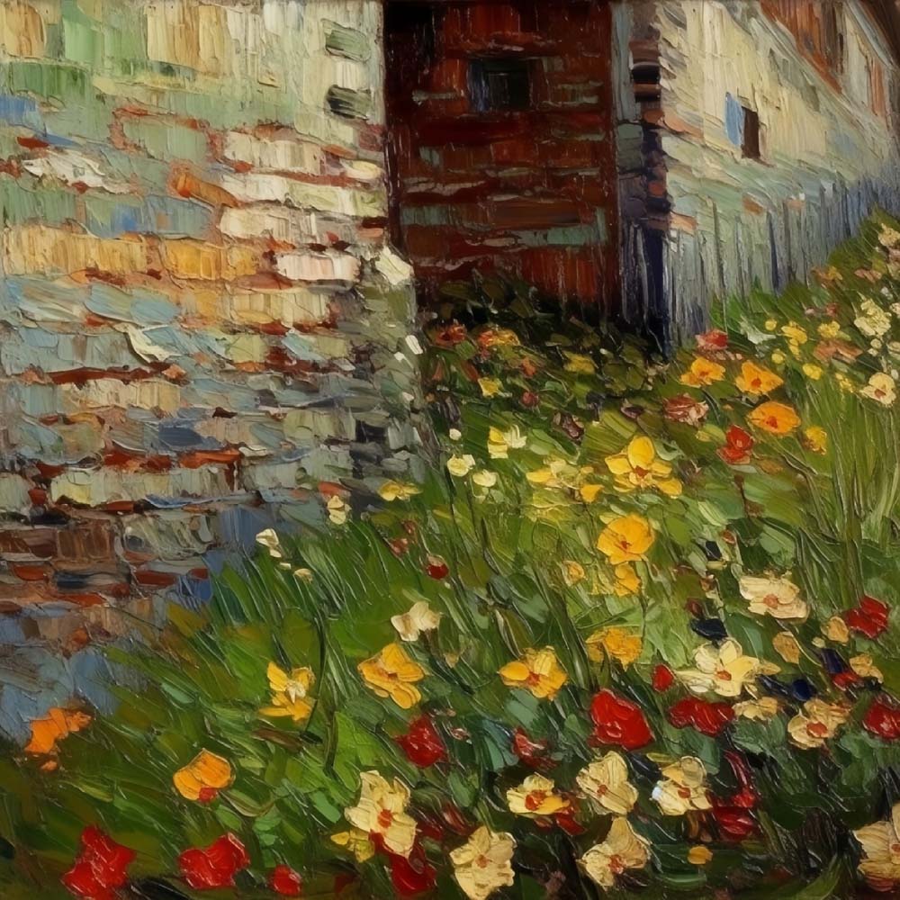 Wilde Blumen in der Ecke einer Backsteinmauer Diamond Painting