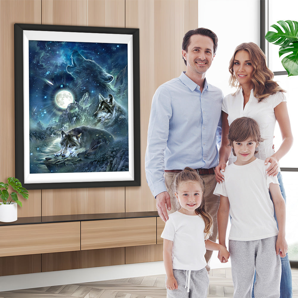 Wölfe, Berge und Mondlicht Diamond Painting