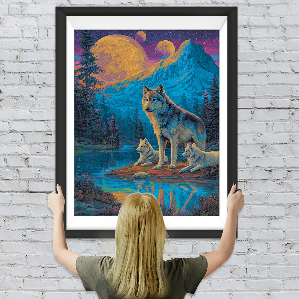 Wölfe in den Bergen bei Nacht Diamond Painting