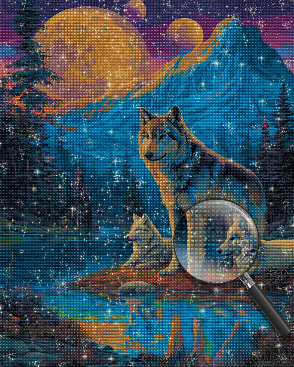 Wölfe in den Bergen bei Nacht Diamond Painting