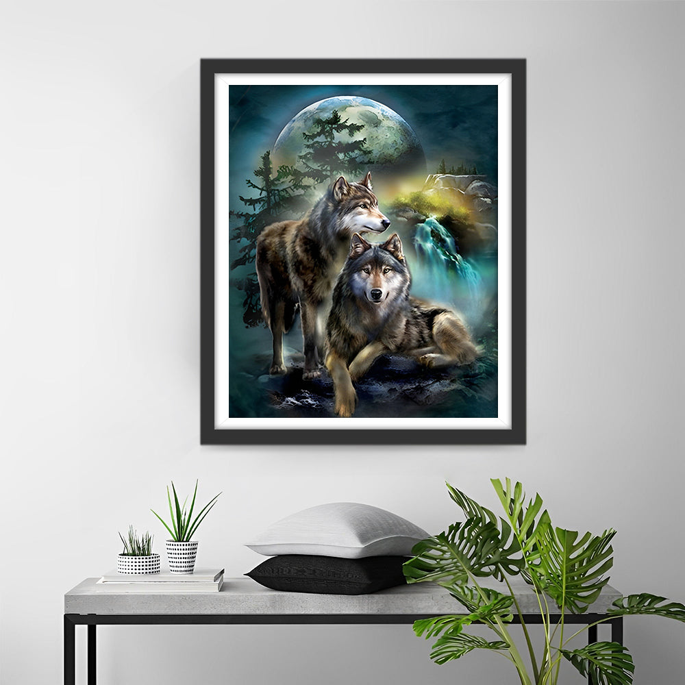 Wölfe und Mond bei Nacht Diamond Painting