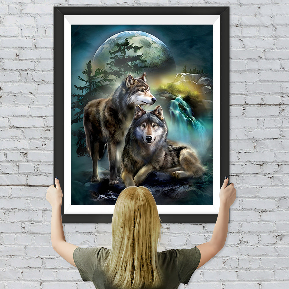Wölfe und Mond bei Nacht Diamond Painting