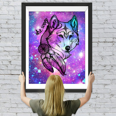 Wolf am lila Sternenhimmel Diamond Painting