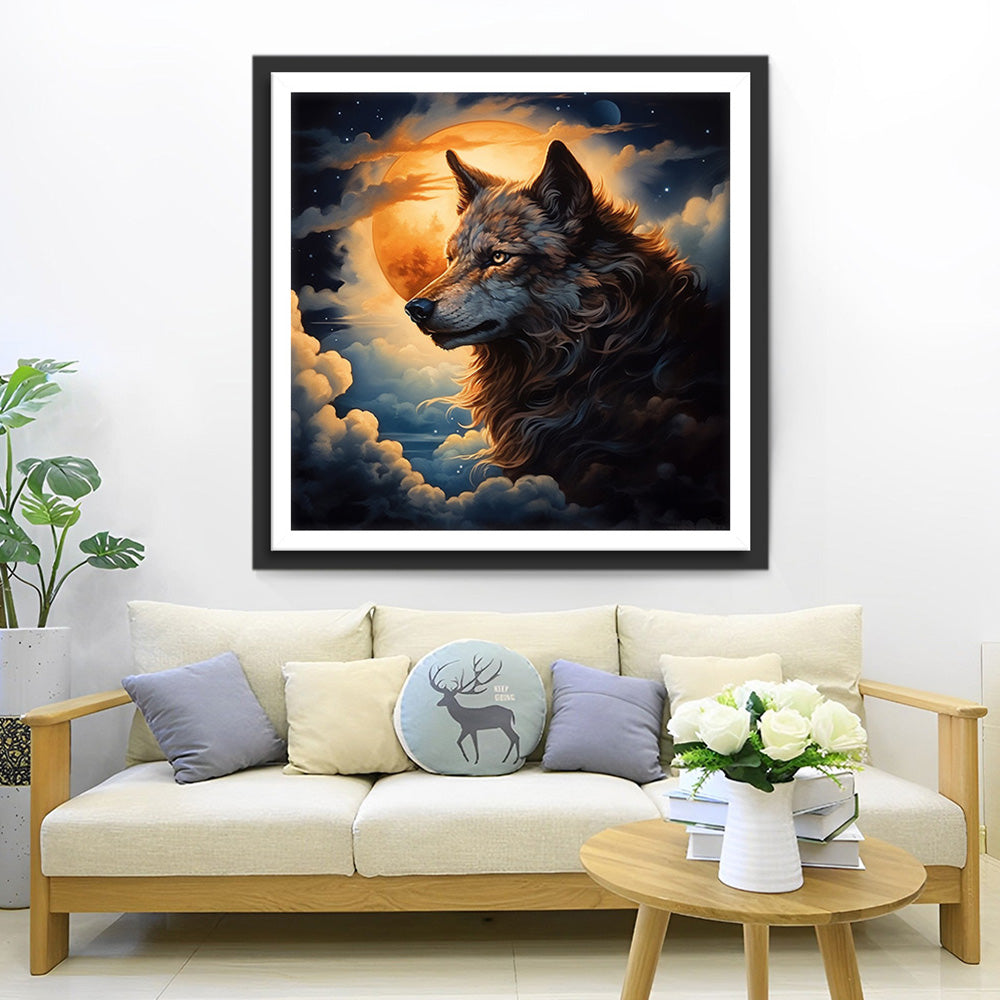 Wolf in den Wolken mit Vollmond Diamond Painting