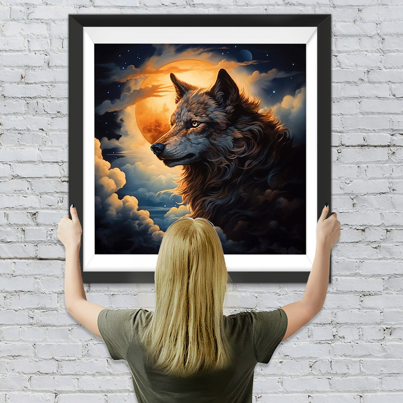 Wolf in den Wolken mit Vollmond Diamond Painting