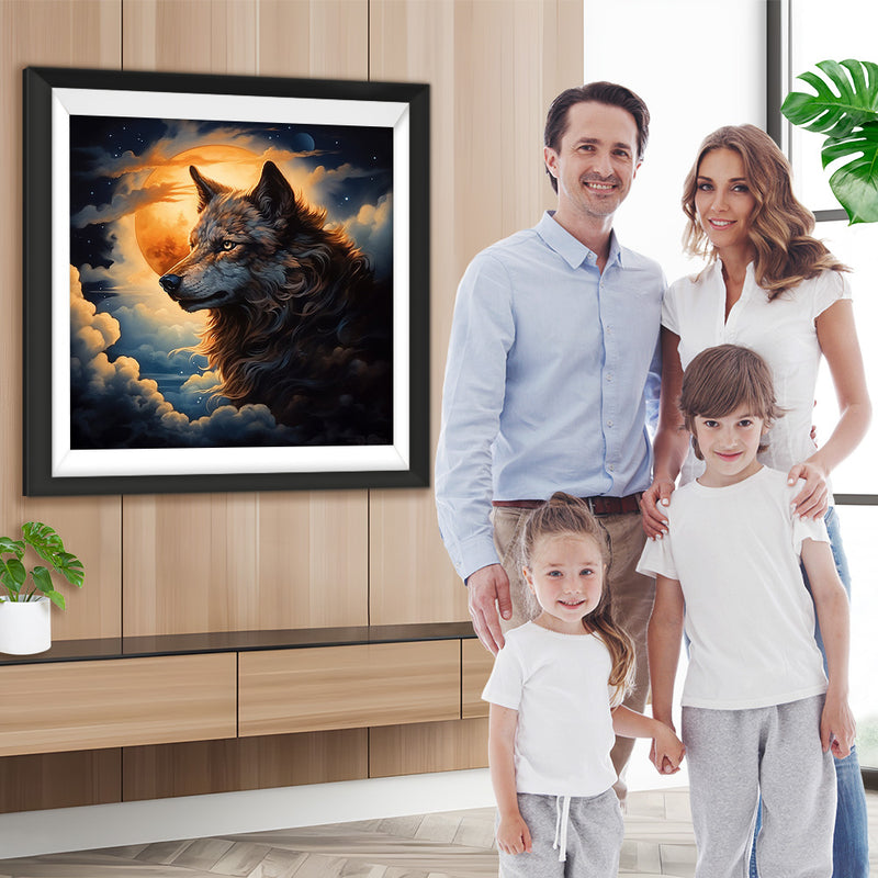 Wolf in den Wolken mit Vollmond Diamond Painting