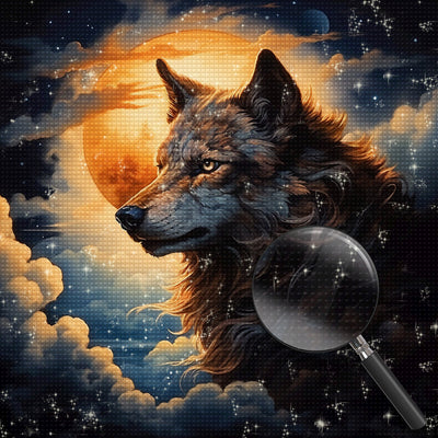 Wolf in den Wolken mit Vollmond Diamond Painting