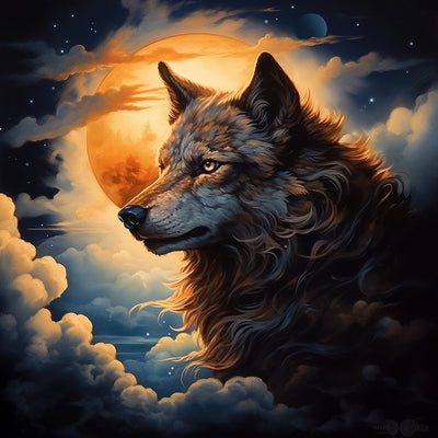 Wolf in den Wolken mit Vollmond Diamond Painting