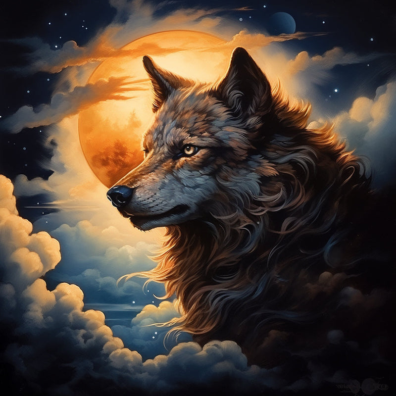 Wolf in den Wolken mit Vollmond Diamond Painting