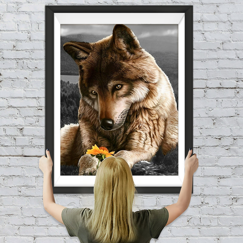 Wolf mit gelber Blume Diamond Painting