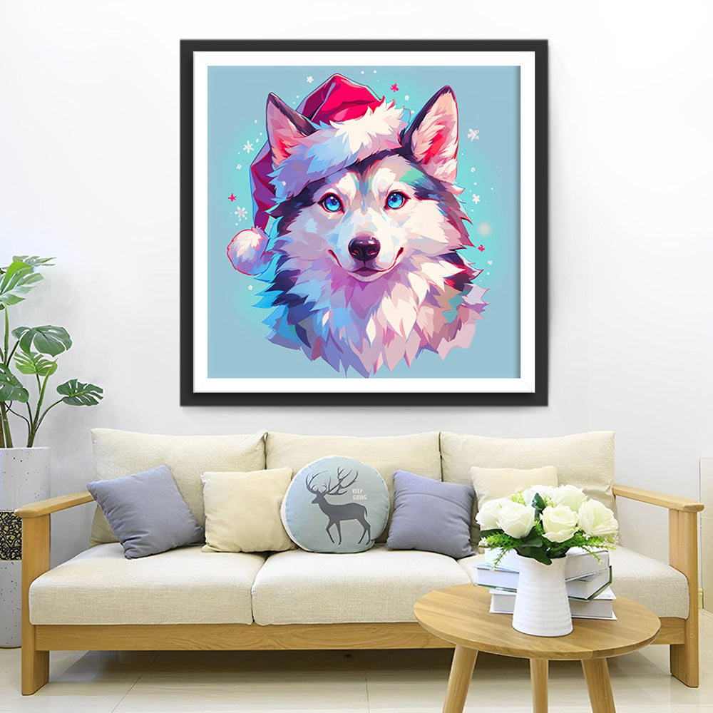 Wolf mit roter Nikolausmütze Diamond Painting