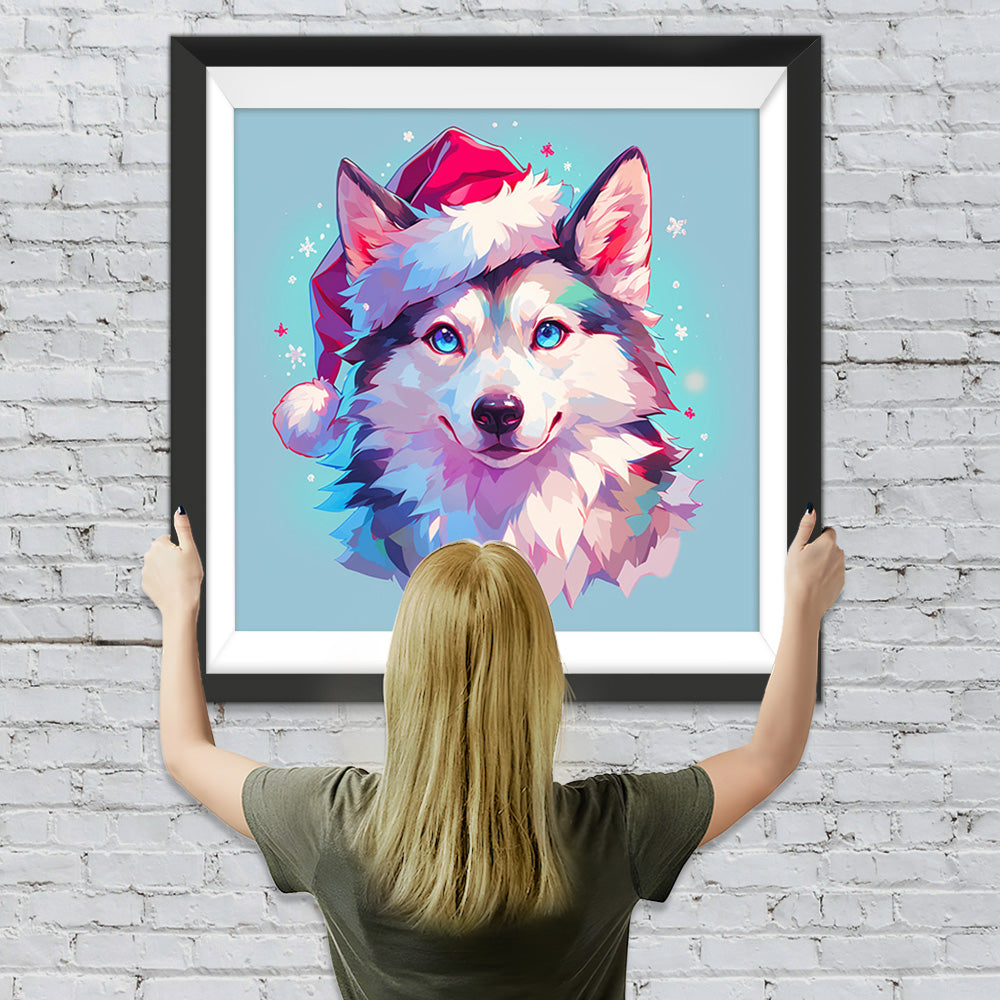 Wolf mit roter Nikolausmütze Diamond Painting