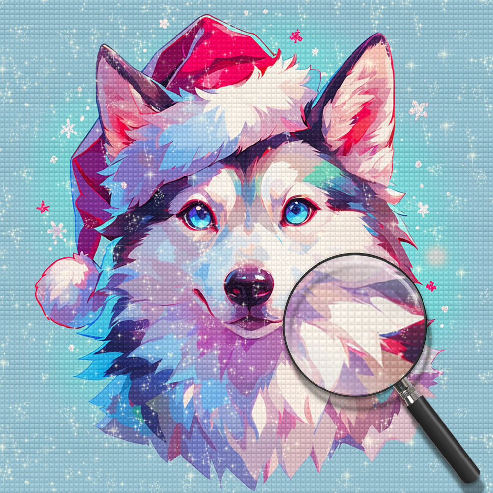 Wolf mit roter Nikolausmütze Diamond Painting