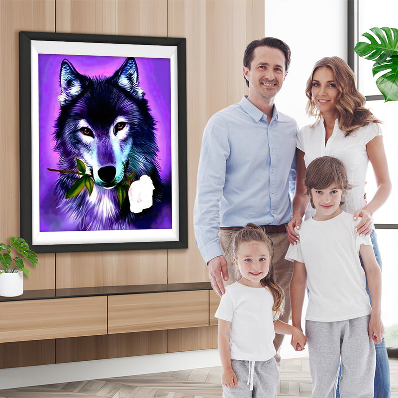 Wolf mit weißer Rose Diamond Painting