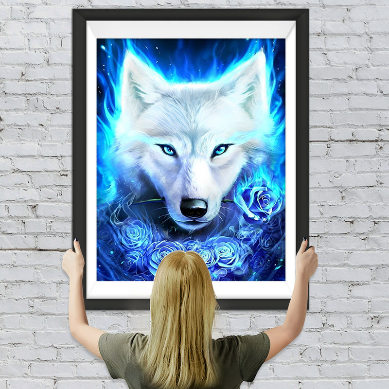 Wolf und blaue Rosen Diamond Painting