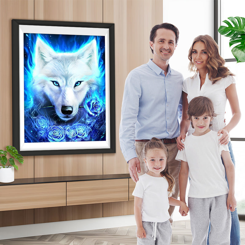 Wolf und blaue Rosen Diamond Painting