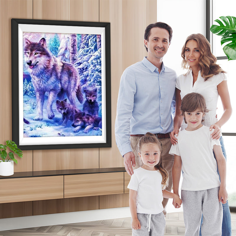 Wolfsmutter und Welpen im Schnee Diamond Painting