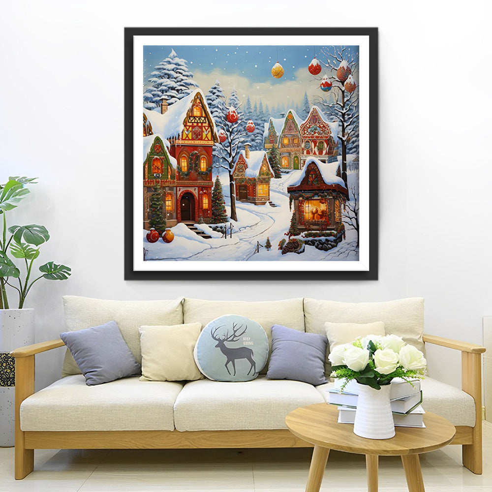 Wunderschönes Weihnachtshaus mit Schnee bedeckt Diamond Painting