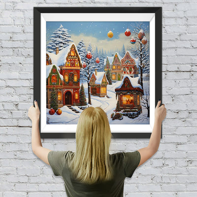 Wunderschönes Weihnachtshaus mit Schnee bedeckt Diamond Painting