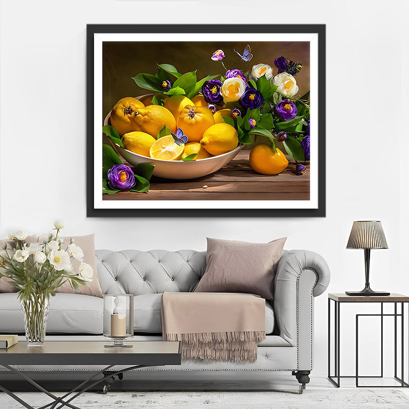 Zitronen und lila Blumen Diamond Painting